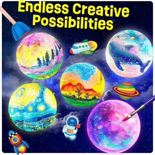 Paint Your Own Moon Lamp Kit, DIY 3D Moon Night Light with Space Figurines & Wooden Stand, Art Supplies Creativity Arts & Crafts Kit for Kids, Toys Girls Boy Birthday Easter Gift Ages 3 4 5 6 7 8 9 10 11 12+