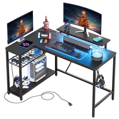 Nedyo 48" L-Shaped Computer Desk with Power Outlet, LED Gaming Work Desk with Monitor Stand