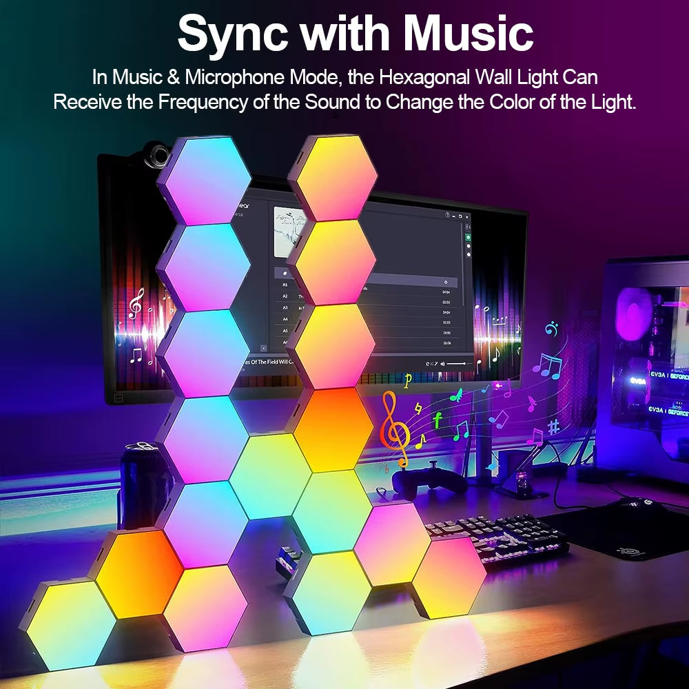 RGB Smart Hexagonal Wall Lamp Color Changing Ambient Night Light DIY Shape Music Rhythm APP for Game Room Bedroom Intelligent