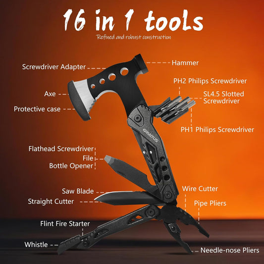 Camping Multitool Accessories Gifts for Men Dad 16 in 1 Upgraded Multi Tool Survival Gear with Axe Hammer Pliers Saw Screwdrivers Bottle Opener Whistle & Portable Sheath for Hiking,Fishing