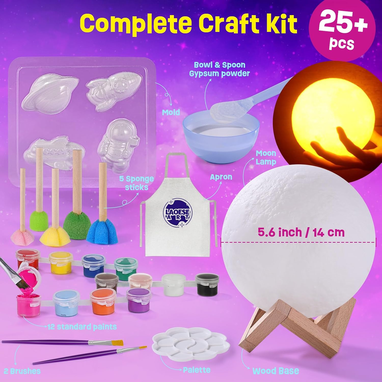 Paint Your Own Moon Lamp Kit, DIY 3D Moon Night Light with Space Figurines & Wooden Stand, Art Supplies Creativity Arts & Crafts Kit for Kids, Toys Girls Boy Birthday Easter Gift Ages 3 4 5 6 7 8 9 10 11 12+