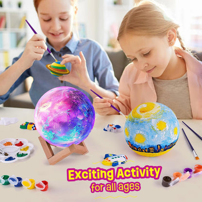 Paint Your Own Moon Lamp Kit, DIY 3D Moon Night Light with Space Figurines & Wooden Stand, Art Supplies Creativity Arts & Crafts Kit for Kids, Toys Girls Boy Birthday Easter Gift Ages 3 4 5 6 7 8 9 10 11 12+