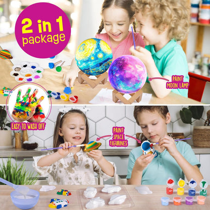 Paint Your Own Moon Lamp Kit, DIY 3D Moon Night Light with Space Figurines & Wooden Stand, Art Supplies Creativity Arts & Crafts Kit for Kids, Toys Girls Boy Birthday Easter Gift Ages 3 4 5 6 7 8 9 10 11 12+