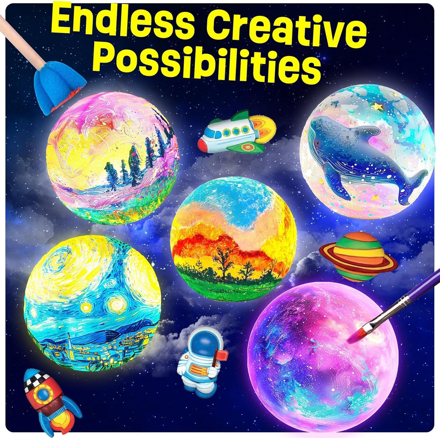 Paint Your Own Moon Lamp Kit, DIY 3D Moon Night Light with Space Figurines & Wooden Stand, Art Supplies Creativity Arts & Crafts Kit for Kids, Toys Girls Boy Birthday Easter Gift Ages 3 4 5 6 7 8 9 10 11 12+