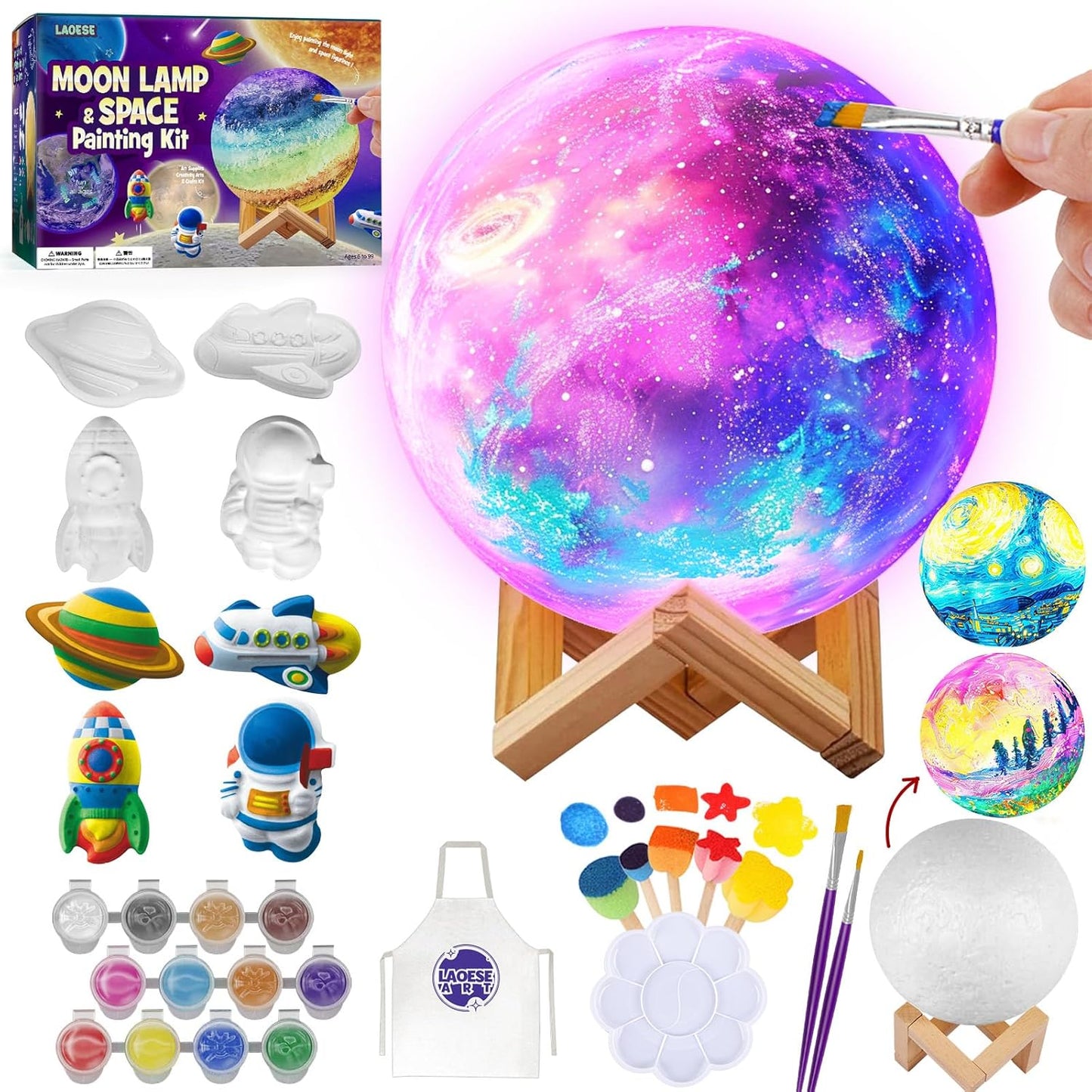 Paint Your Own Moon Lamp Kit, DIY 3D Moon Night Light with Space Figurines & Wooden Stand, Art Supplies Creativity Arts & Crafts Kit for Kids, Toys Girls Boy Birthday Easter Gift Ages 3 4 5 6 7 8 9 10 11 12+