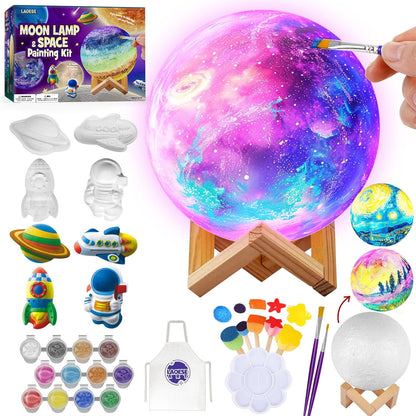 Paint Your Own Moon Lamp Kit, DIY 3D Moon Night Light with Space Figurines & Wooden Stand, Art Supplies Creativity Arts & Crafts Kit for Kids, Toys Girls Boy Birthday Easter Gift Ages 3 4 5 6 7 8 9 10 11 12+