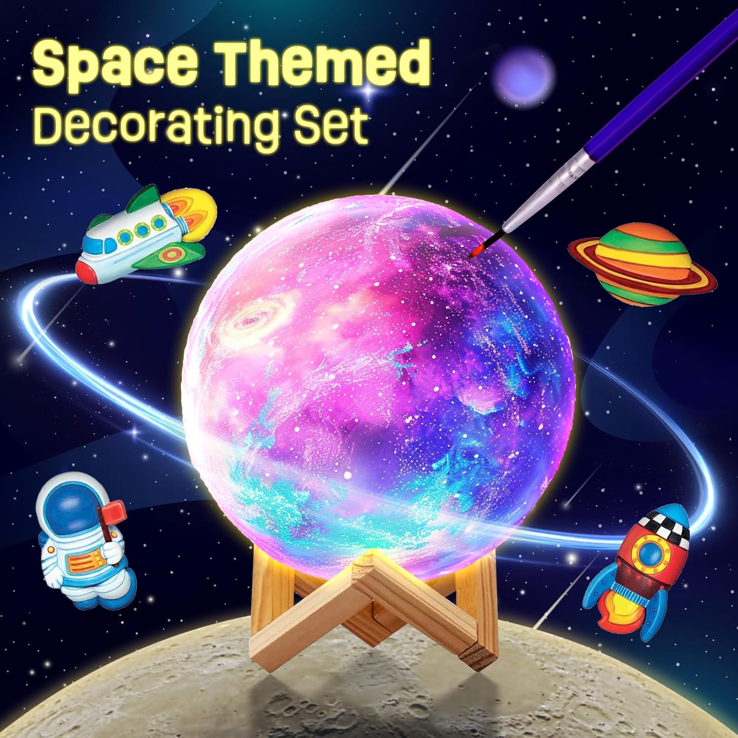 Paint Your Own Moon Lamp Kit, DIY 3D Moon Night Light with Space Figurines & Wooden Stand, Art Supplies Creativity Arts & Crafts Kit for Kids, Toys Girls Boy Birthday Easter Gift Ages 3 4 5 6 7 8 9 10 11 12+