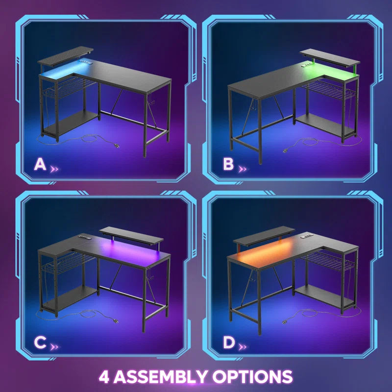 Nedyo 48" L-Shaped Computer Desk with Power Outlet, LED Gaming Work Desk with Monitor Stand