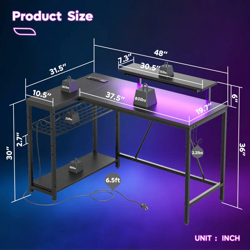 Nedyo 48" L-Shaped Computer Desk with Power Outlet, LED Gaming Work Desk with Monitor Stand
